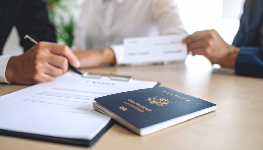 A passport with a visa stamp and a checklist beside it in embassy