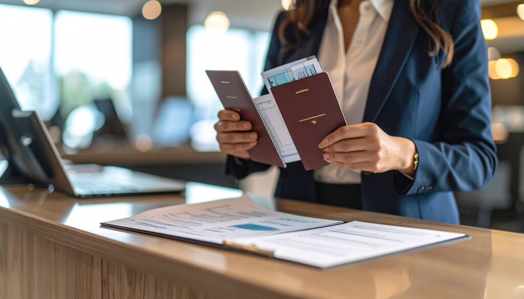 Person showing dummy flight ticket and passport for visa application