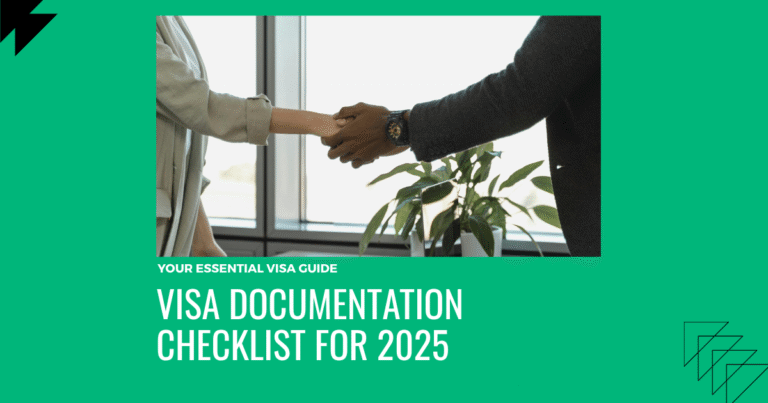 Two people shaking hands in a professional office setting, representing visa approval and travel documentation process for 2025.