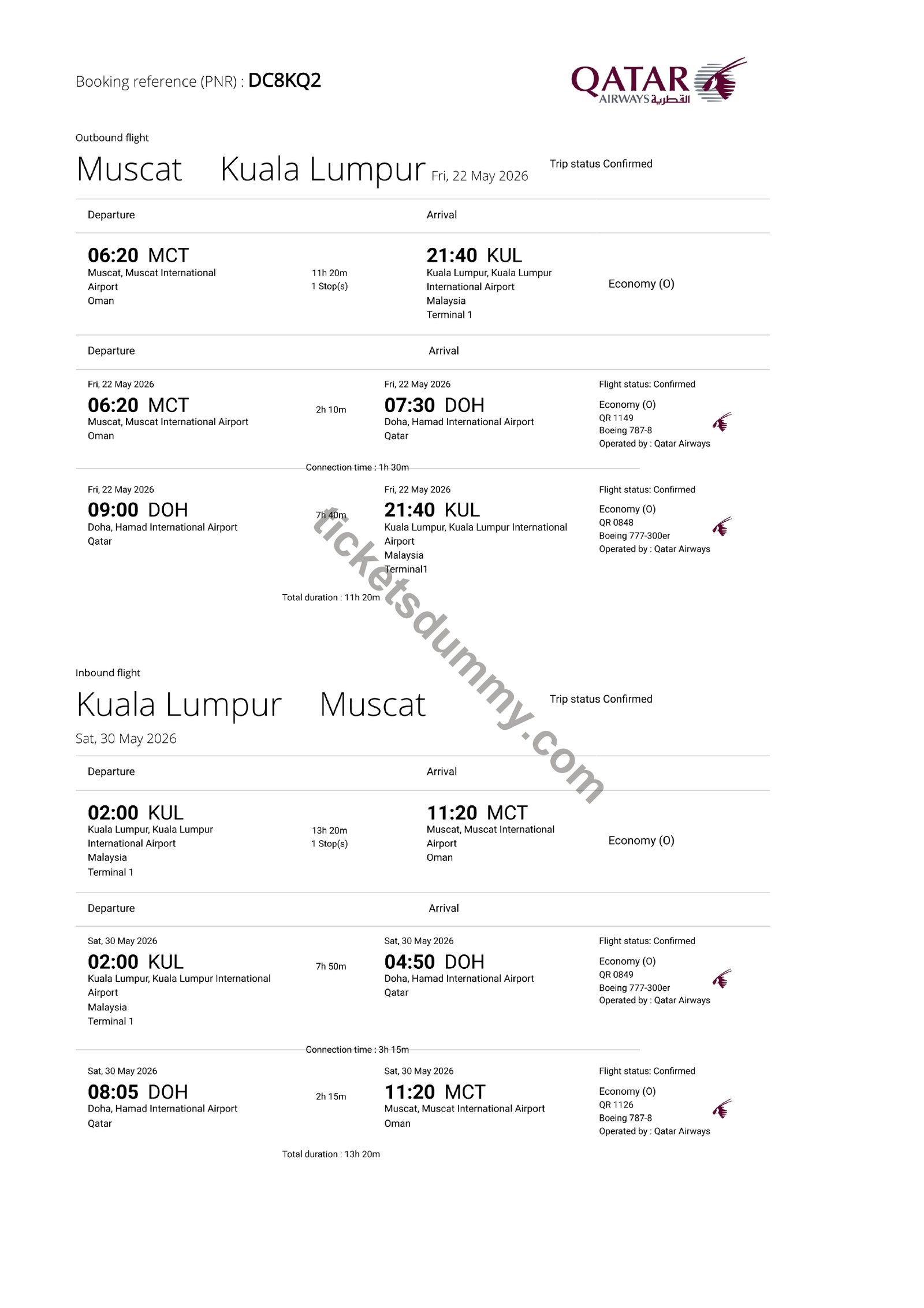 Dummy Flight Ticket Sample