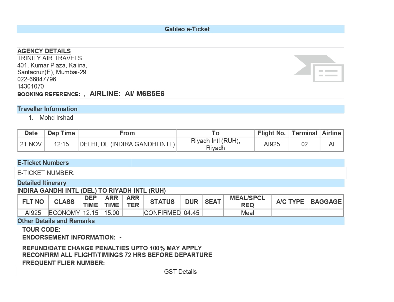Sample Flight Ticket